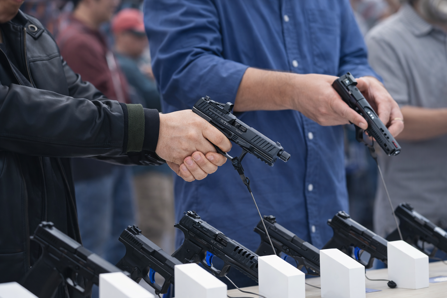People handling handguns at a gun show, blue shirts, black guns on display.